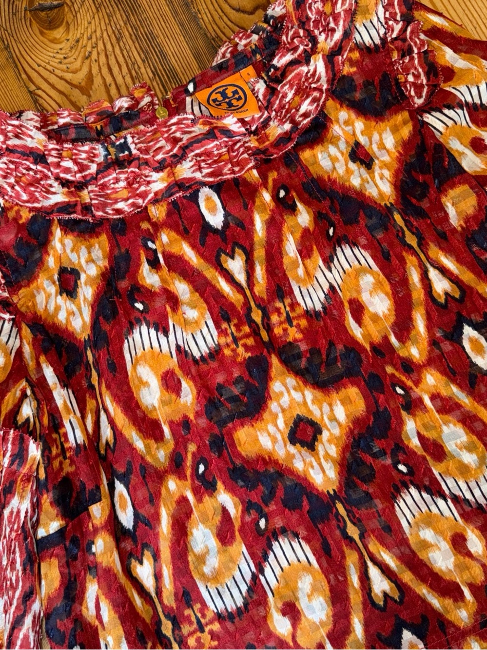 Tory Burch Ikat Print silk blend Ruffle Trim Bell Sleeve blouse-8